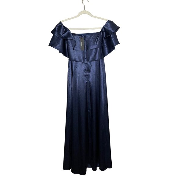 Lulus Pure Happiness Navy Blue Dress Size Small Satin Off-the-Shoulder Long New - Picture 7 of 12